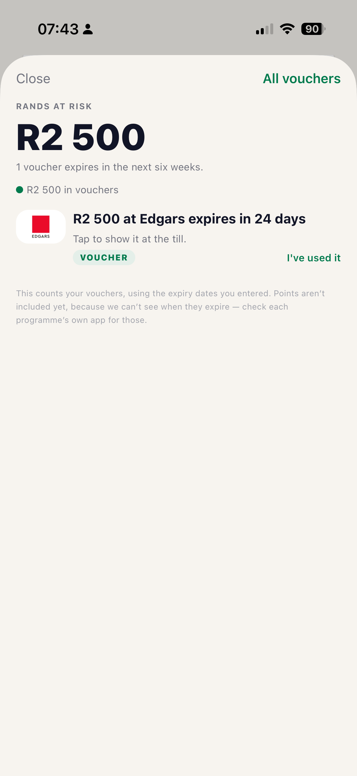 ZAR app Rands at risk view highlighting an upcoming voucher expiry