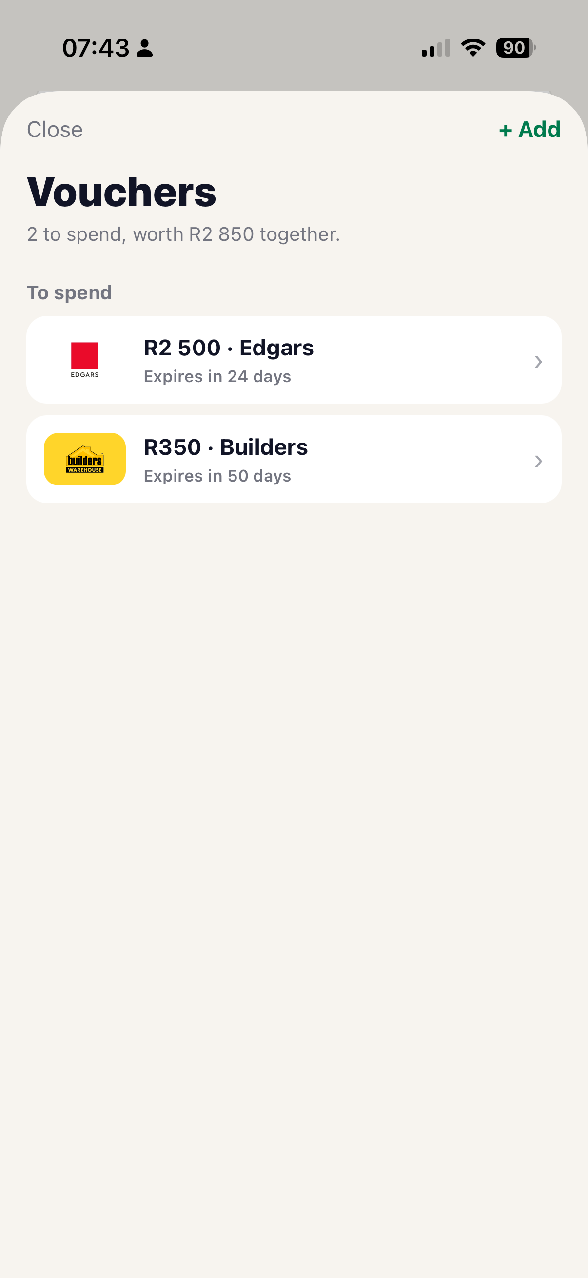 ZAR app voucher list showing amounts and days to expiry