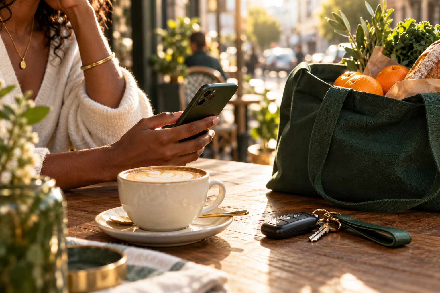 A shopper taking a moment with a phone and coffee beside a grocery tote