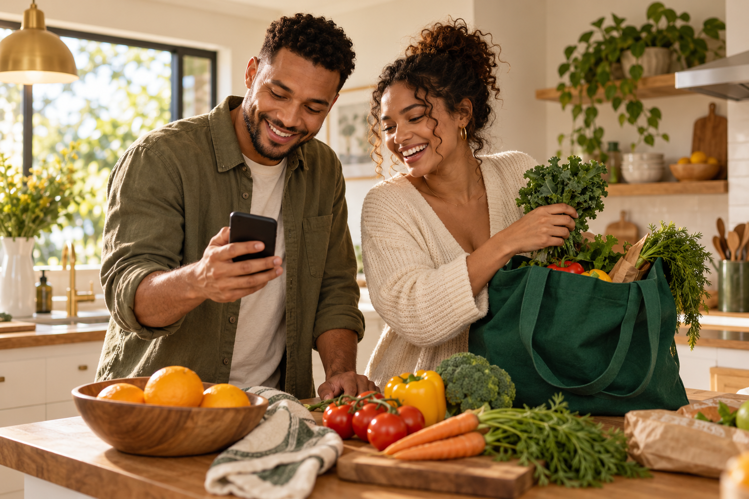 A couple coordinating groceries together at their kitchen counter